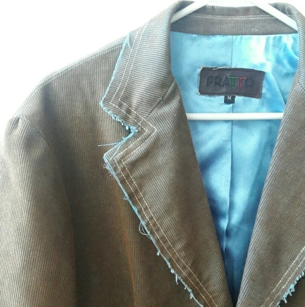 PRATTO Fitted Brown Cordouroy Blazer with Light Blue Stitch Trim, M